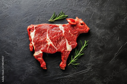 Top view of a steak in shape of a cow. photo