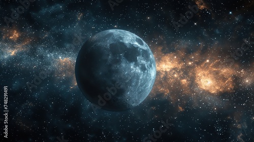 Moon in space with stars and nebula.