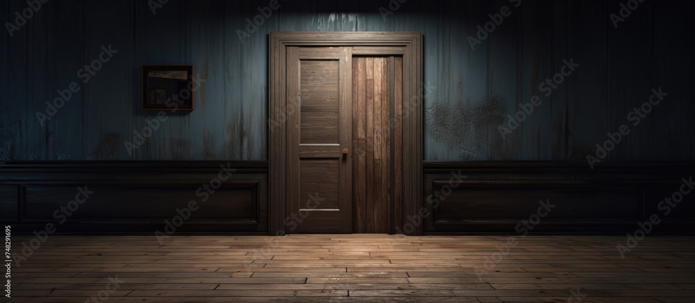 A closed door is illuminated by a solitary light source in an otherwise dark room, creating a stark contrast. The light spills out into the darkness, casting shadows across the floor. - obrazy, fototapety, plakaty 
