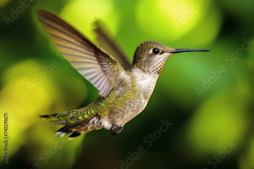 Close up of a hummingbird flying.