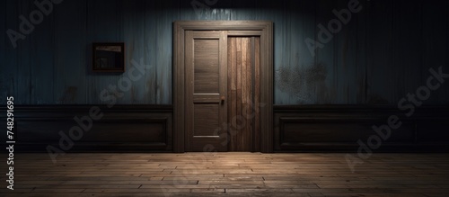 A closed door is illuminated by a solitary light source in an otherwise dark room, creating a stark contrast. The light spills out into the darkness, casting shadows across the floor. photo