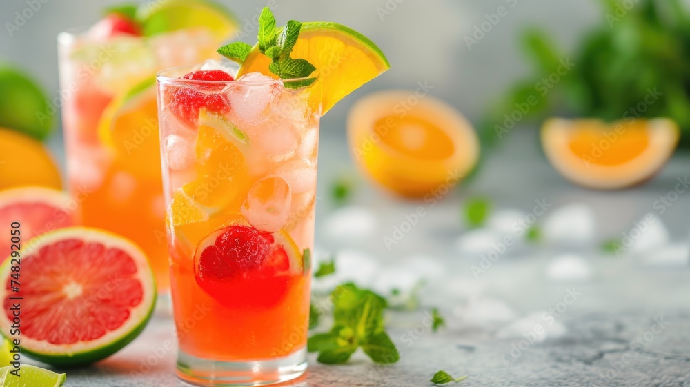 refreshing glass of Michelagua, garnished with fresh fruit and herbs, showcasing the vibrant colors and flavors of this Mexican beverage