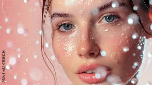Hyaluronic Acid Beauty Molecular chains of hyaluronic acid forming a protective barrier on the skin, locking in moisture and promoting a youthful complexion photo