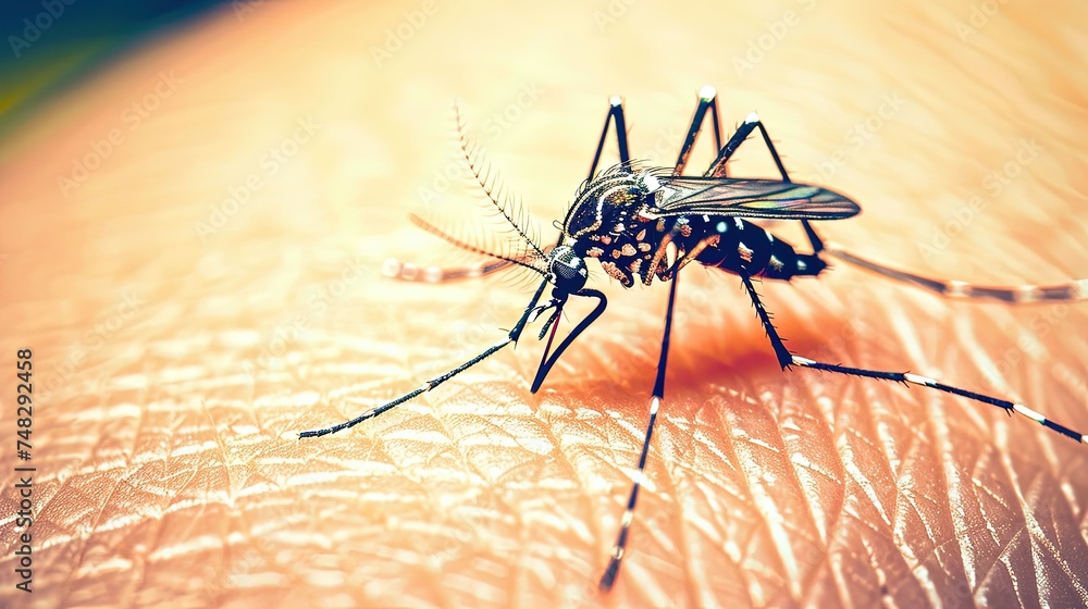 Close-up photo of a mosquito on a human skin. Witness the moment a mosquito prepares to take its blood meal. - obrazy, fototapety, plakaty 