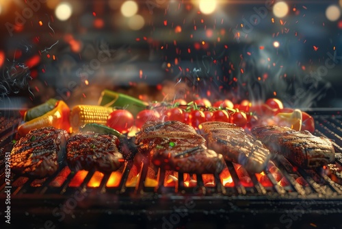 Sizzling barbecue grill with variety of meats - A mouth-watering scene of steaks and vegetables sizzling on a hot grill, capturing the essence of a summer cookout