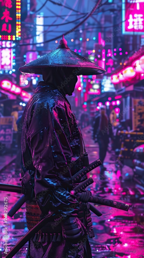 Neon Samurai District - A futuristic city district where neon-lit samurai patrol the streets, blending ancient tradition with cyberpunk aesthetics Neon Samurai District - A futuristic city district where neon-lit samurai patrol the streets, blending ancient tradition with cyberpunk aesthetics