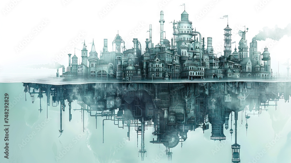 Steampunk Underwater City: Submerged Cityscape with Victorian Technology. Isolated Premium Vector. White Background