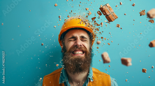 Dynamic Construction Worker in Action, Debris Flying Around Yellow Helmet