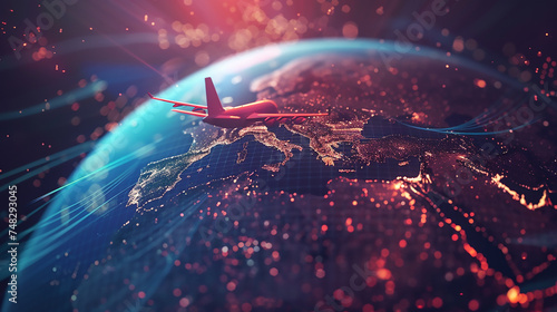 A holographic airplane icon hovering above a digital globe, representing global travel and exploration. #748293045