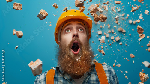 Shocked Construction Worker with Yellow Helmet, Bricks Exploding in Mid-Air