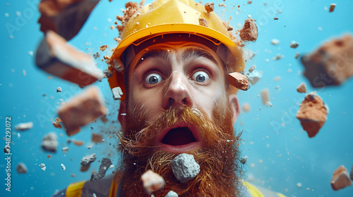 Astonished Builder with Yellow Hard Hat Amidst a Hail of Debris, Vivid Turquoise Sky