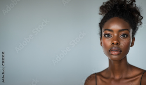 beautiful dark skin poc african american woman in magazine stir editorial shot for fashion beauty hair salon advertisement copy space bright blue background