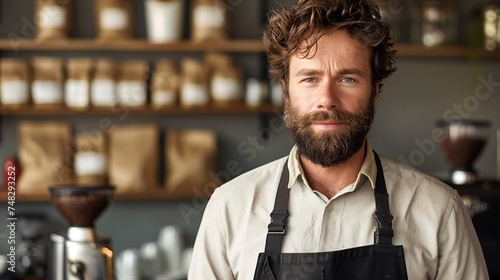 Handsome Barista in Apron, Artisan Coffee Shop Owner with Warm Smile photo