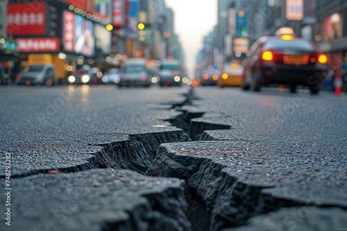 Crack in the asphalt on the road. Background with selective focus and copy space