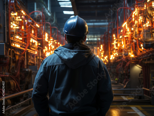 Back view of a engineer or factory worker standing in front of a factory at night.