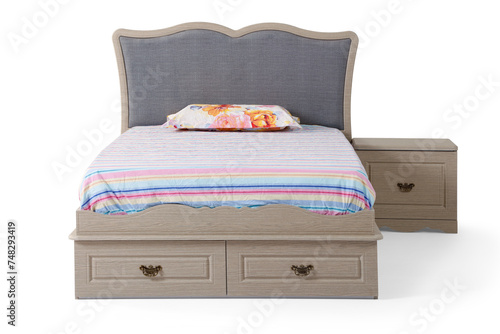 Teenage bed with drawers isolated white background .
