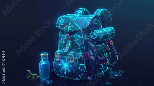 A holographic backpack icon with travel essentials like a map, compass, and water bottle, symbolizing adventure travel.