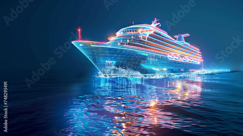 A holographic cruise ship icon sailing on a digital sea, symbolizing cruise vacations and leisure travel.