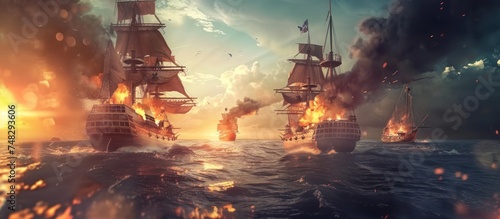 Pirate ship war at the open sea photo