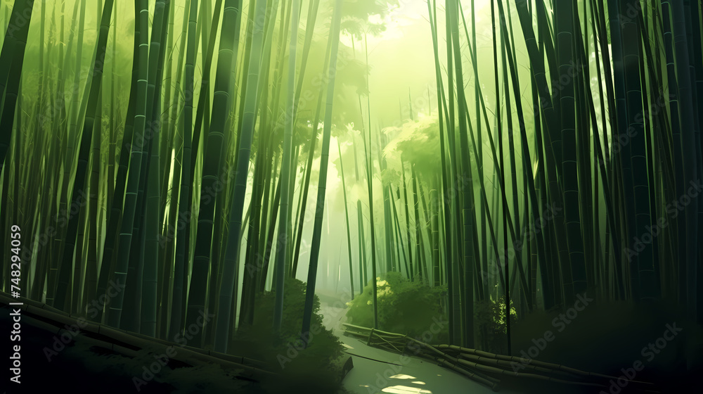 Green bamboo forest background, green bamboo swaying in the wind