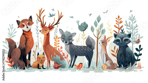 Magical Forest Creatures: Illustrations of Mystical Animals in a Forest Setting. Isolated Premium Vector. White Background