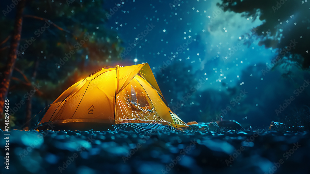 A holographic tent icon in a starry night setting, symbolizing camping under the stars and outdoor adventures.