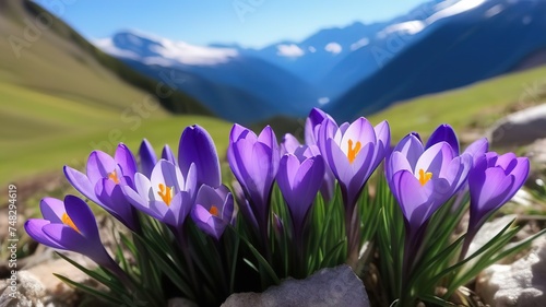 Spring purple crocus flowers in mountains snowdrops early spring copy space march april botany plants fresh travel vacation valley