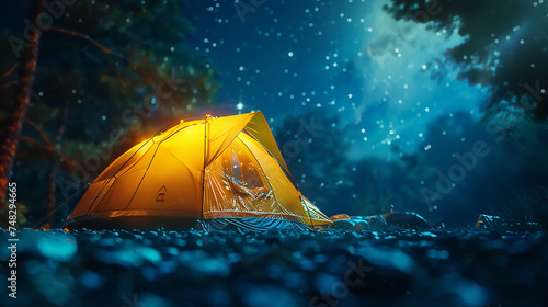 A holographic tent icon in a starry night setting, symbolizing camping under the stars and outdoor adventures.