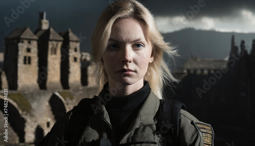 Portrait of a soldier with ruined city on the background photo