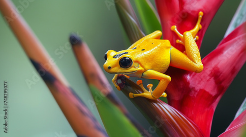 Rã amarela em uma flor vermelha na floresta tropical.