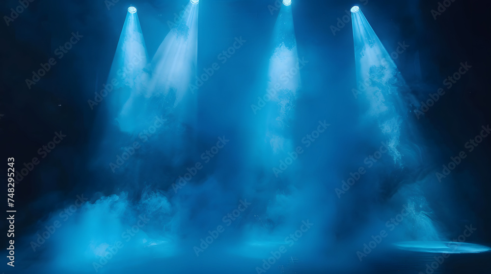 Captivating Luminary Artistry: Vivid Lights, Fog, and Shadows Play Upon an Illuminated Stage in a Mesmerizing Performance of Blue Hues and Smoke, Enhanced by the Power of Generative AI