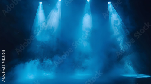 Captivating Luminary Artistry: Vivid Lights, Fog, and Shadows Play Upon an Illuminated Stage in a Mesmerizing Performance of Blue Hues and Smoke, Enhanced by the Power of Generative AI