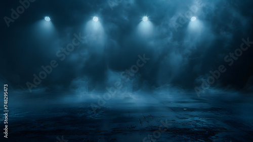 A Sinister Nocturnal Scene  Empty Street in a Dark Blue Background with Neon Lights and Mysterious Studio Interior  Illuminated by Spotlights and Shrouded in Smoke