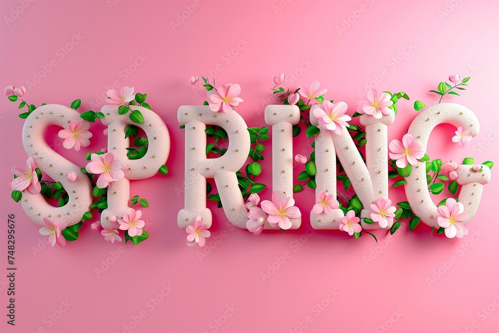 Vibrant 3D Text of Spring with Floral Embellishments Vibrant 3D Text of Spring with Floral Embellishments