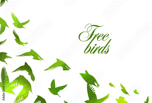 A flock of green watercolor flying birds. Free birds abstraction. hand drawing. Not AI. Vector illustration