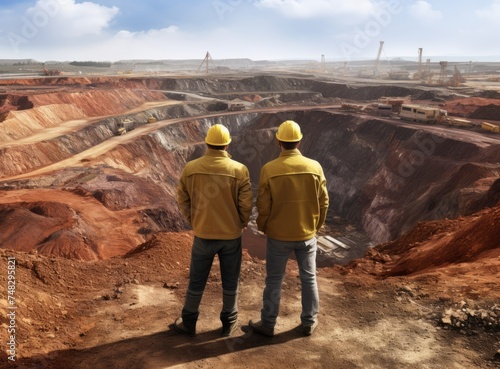 Team of engineers standing in the open pit and looking at the construction site