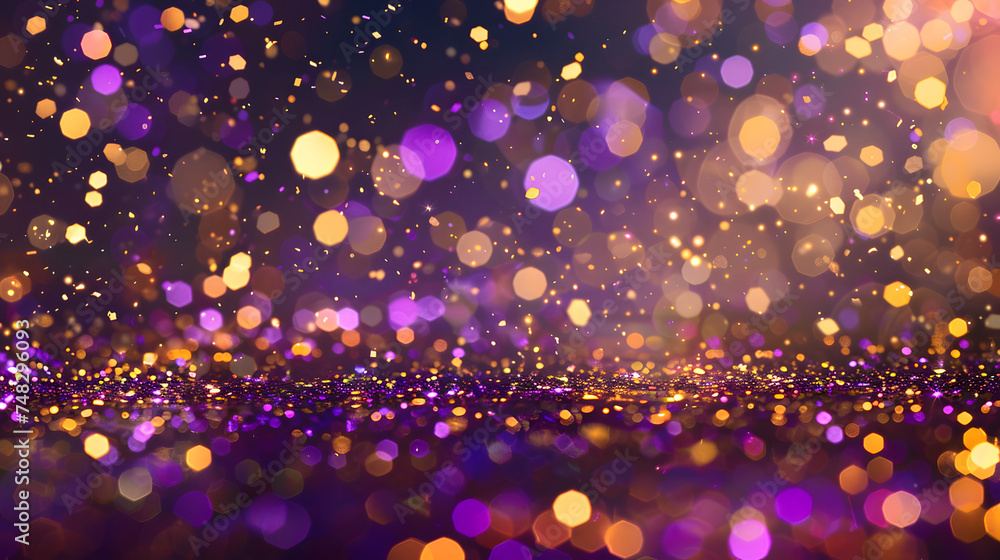 Radiant Gold and Purple Abstract Glitter Confetti Bokeh Background: A Dazzling Celebration of Color and Texture