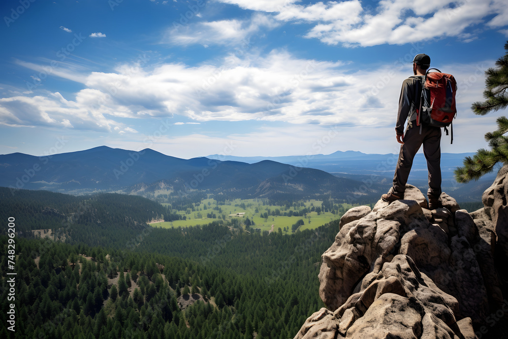 A hiker standing on the peak of mountain enjoying beautiful view 