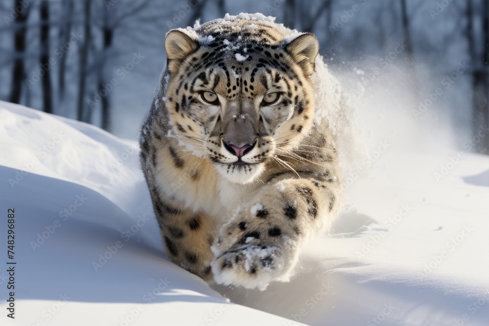 A snow leopard runs through the snow. wildlife. A snow leopard runs through the snow. wildlife.