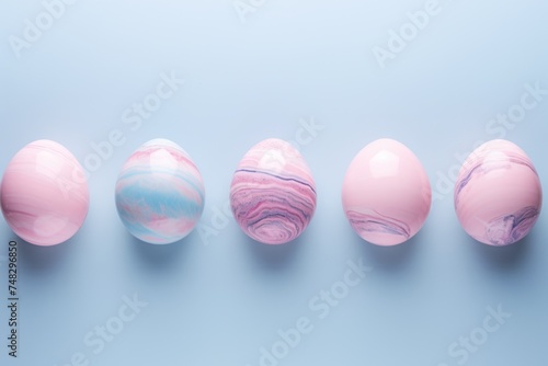 eggs in pink marble, pastel blue background. concept.