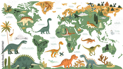 Dinosaur World Map: Educational Map for Exploring the World of Dinosaurs. Isolated Premium Vector. White Background
