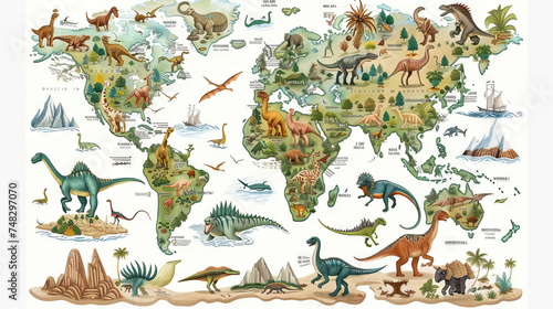 Dinosaur World Map  Educational Map for Exploring the World of Dinosaurs. Isolated Premium Vector. White Background