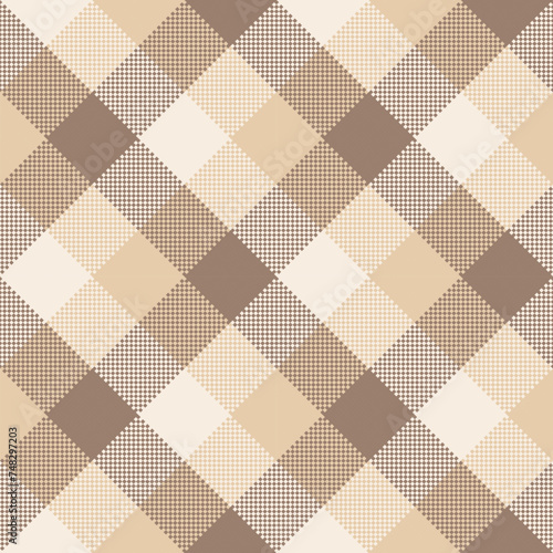 Buffalo Plaid seamless patten. Vector diagonal checkered brown and beige plaid textured background. Traditional gingham fabric print. Flannel plaid texture for fashion, print, design, decor.