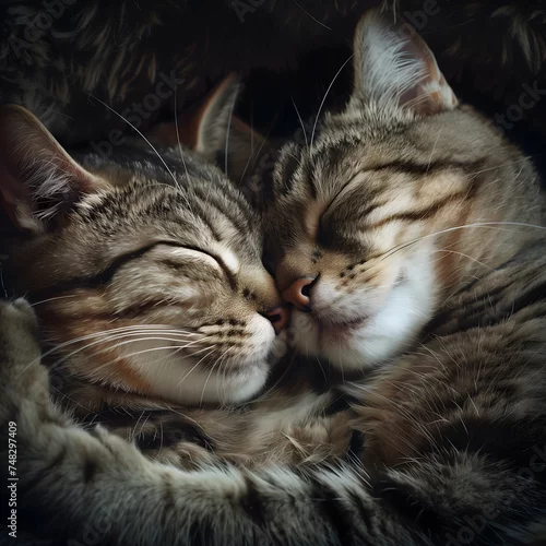 Fototapeta samoprzylepna Two Domestic Cats Cuddling Together While Asleep in a Cozy Setting