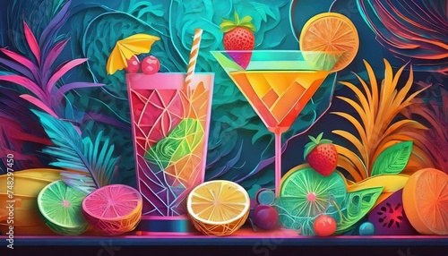 Beautiful illustration paper craft style of cocktail and mocktail with fresh fruit in neon © Priyanka