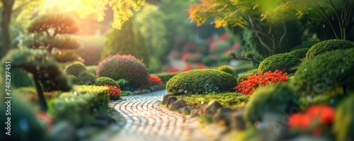a garden with many beautiful shrubs and trees
