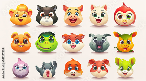 Cute Animal Emoticons  Expressive Animal Faces for Messaging Apps. Isolated Premium Vector. White Background