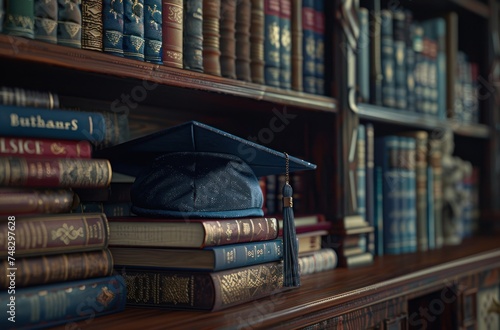 a graduation cap is grouped with books next to a bookshelf