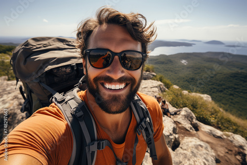 Happy male hiker with a large backpack taking a selfie on a sunny day.