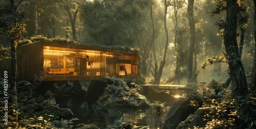 a cabin surrounded by the woods